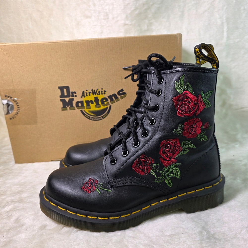 Dr. Martens 1460 Vonda Black Rose Embroidered Combat Boots Womens 37 6